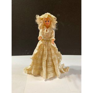 Vintage Handmade Crocheted Light Brown  Dress , Petticoat & Snap On Train & Hat